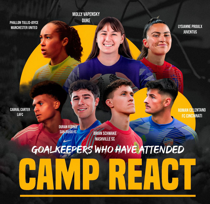 Promotional poster for Camp React featuring six goalkeepers from different clubs.